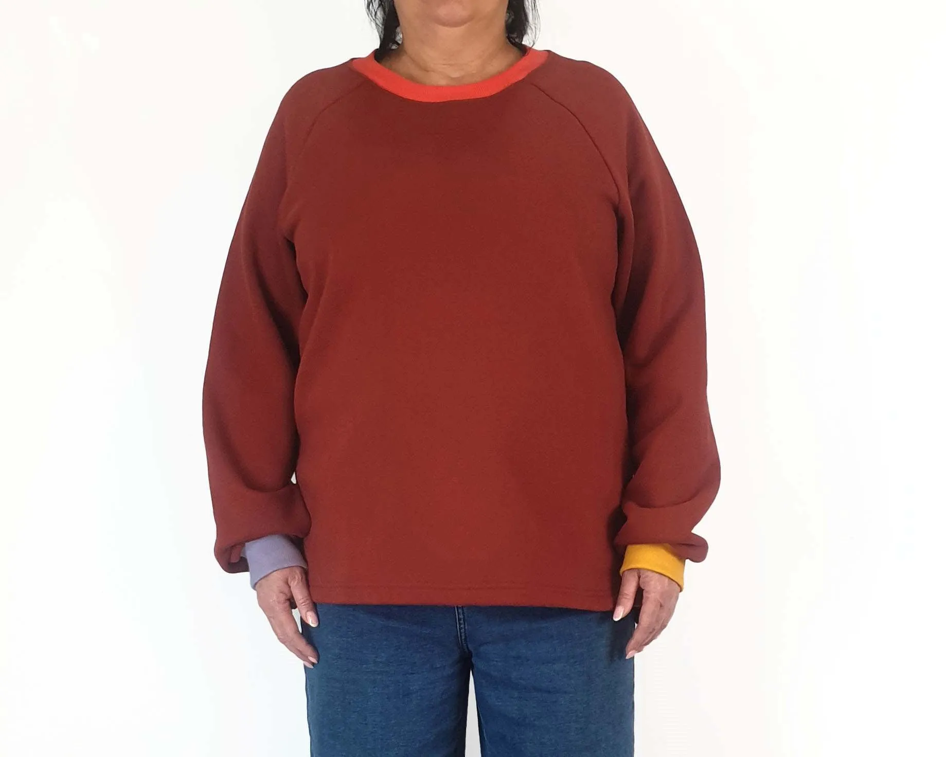 Seagrass Designs red jumper with colourful cuffs size XL