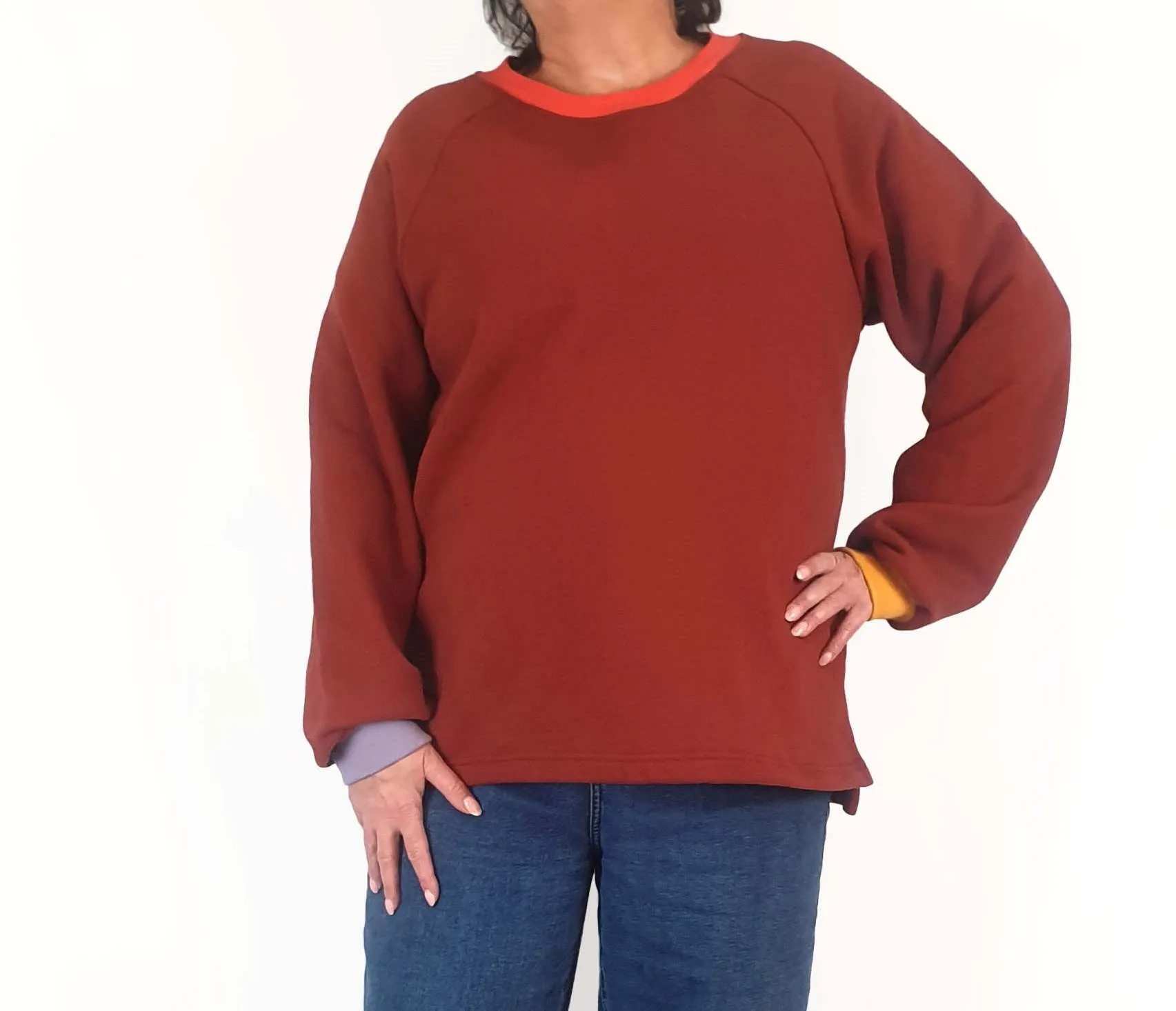 Seagrass Designs red jumper with colourful cuffs size XL