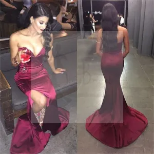 Sexy Burgundy Sweetheart Mermaid Side Slit Prom Dresses, Cheap Popular Satin Prom Dress