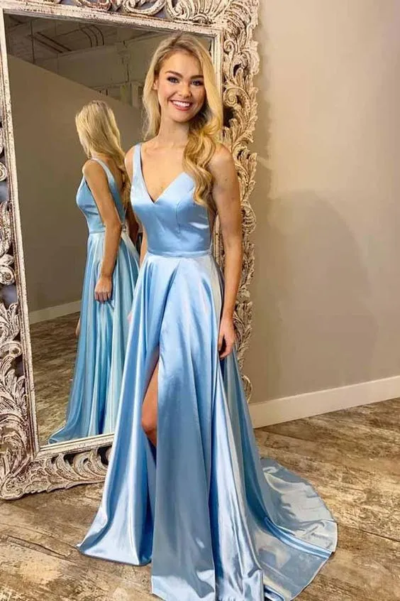 Sexy Slit Light Blue Prom Dress