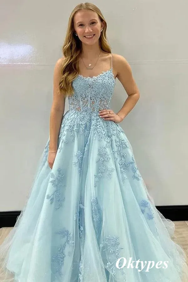 Sexy Tulle And Lace Spaghetti Straps Lace Up Back A-Line Long Formal Prom Dresses, PDS0991