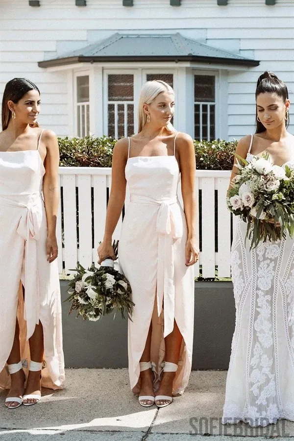 Sheath Spaghetti Straps Backless Long Bridesmaid Dresses With Split, BD1096