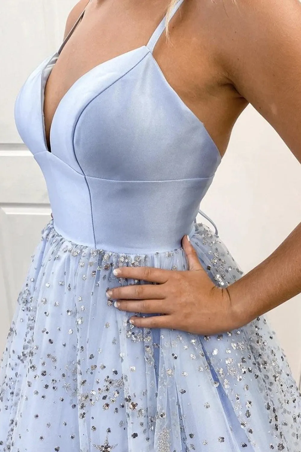 Shiny Sequins V Neck Light Blue Long Prom Dress, V Neck Blue Formal Evening Dress