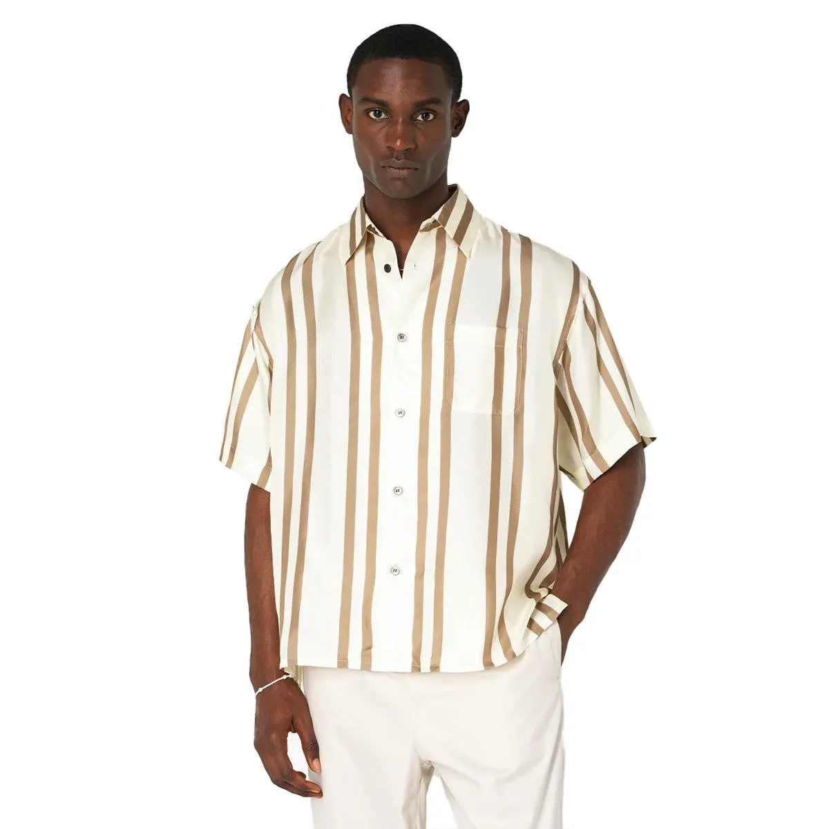Silk S/S Button Up Shirt 'Bark Salt Stripe'