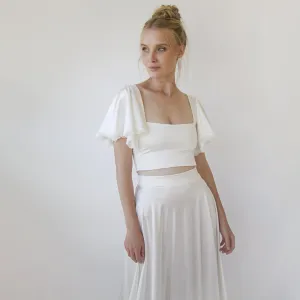 Silky Wedding Cropped Top with Butterfly Short Sleeves #2060