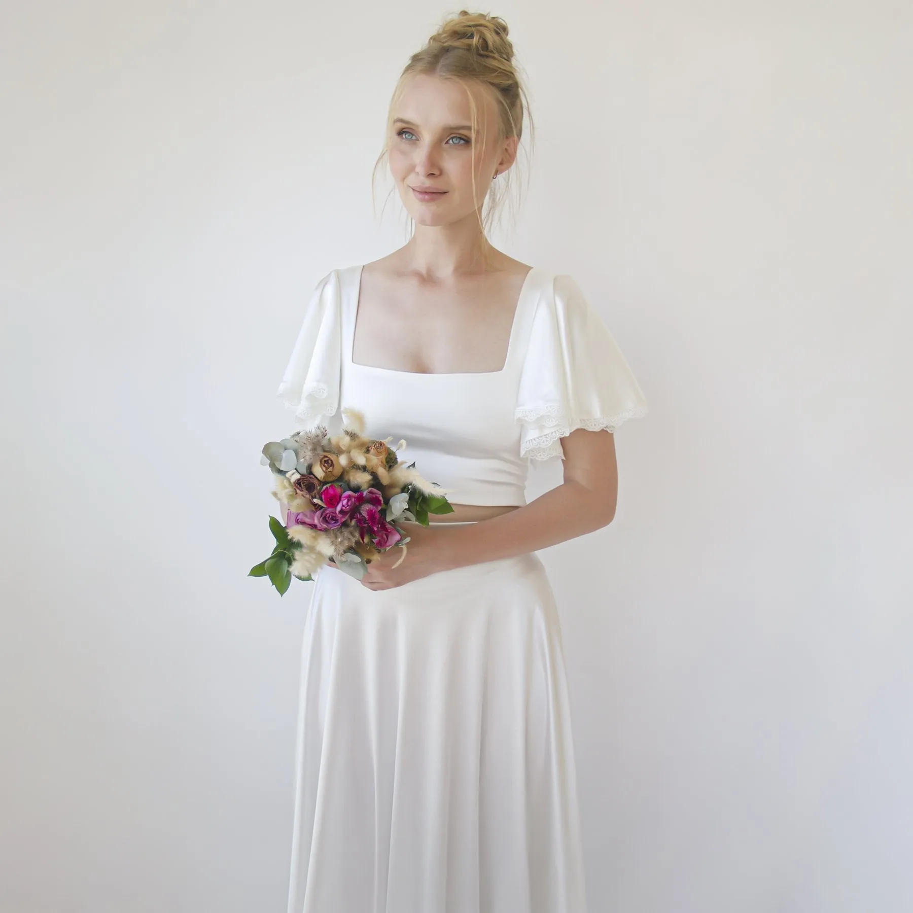 Silky Wedding Cropped Top with Butterfly Short Sleeves #2060