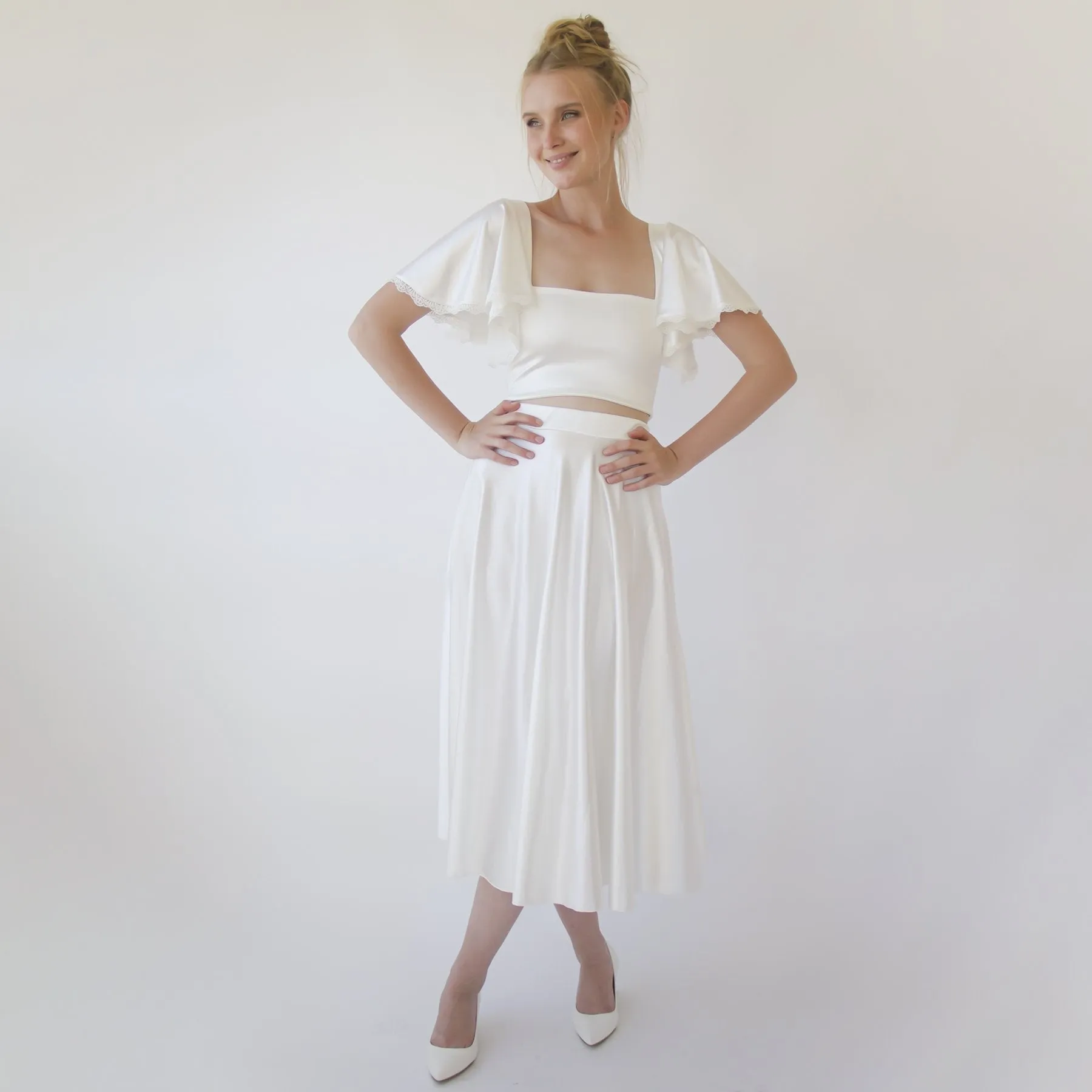 Silky Wedding Cropped Top with Butterfly Short Sleeves #2060