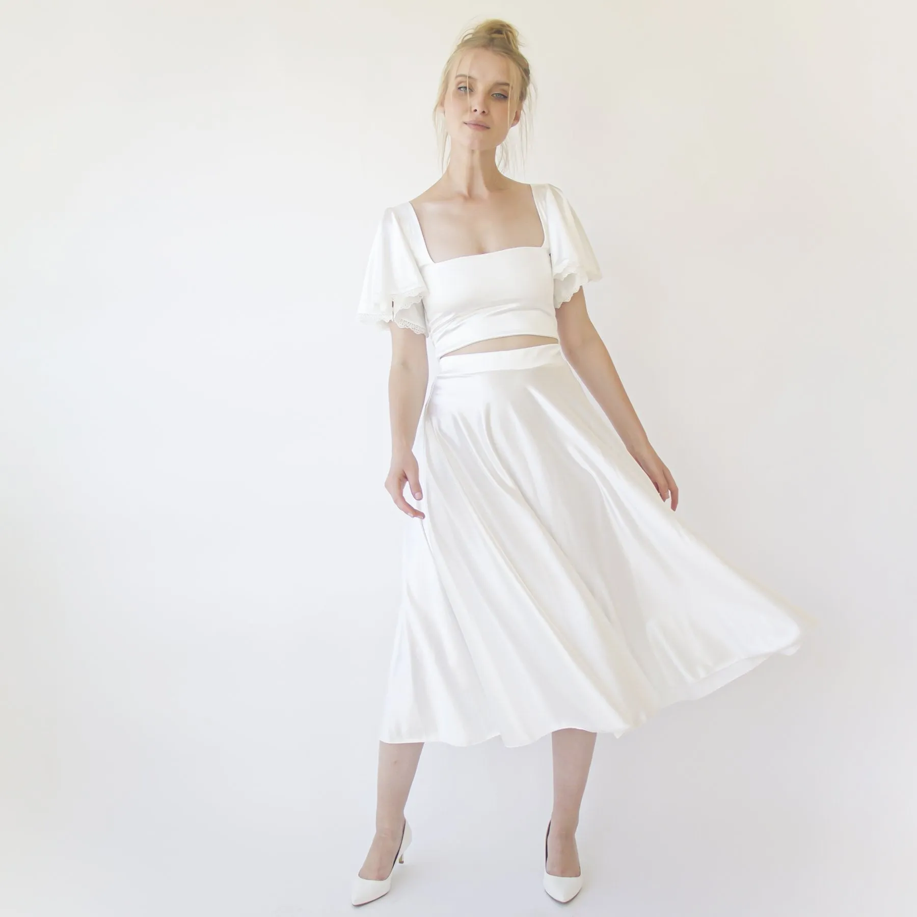 Silky Wedding Cropped Top with Butterfly Short Sleeves #2060