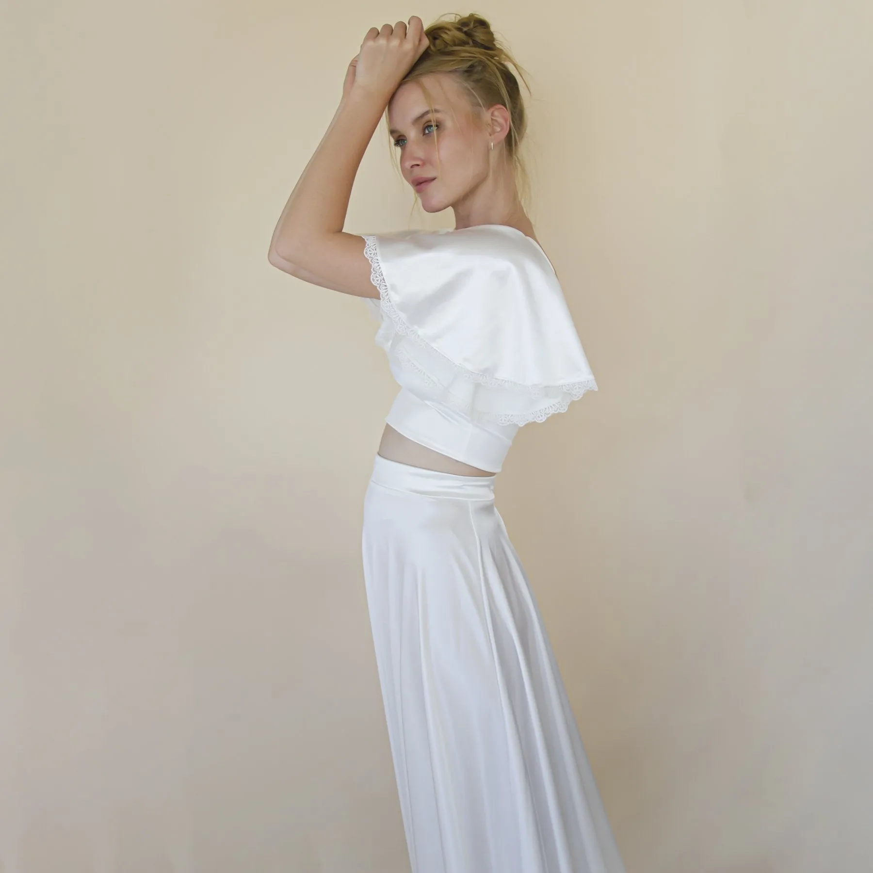 Silky Wedding Cropped Top with Butterfly Short Sleeves #2060