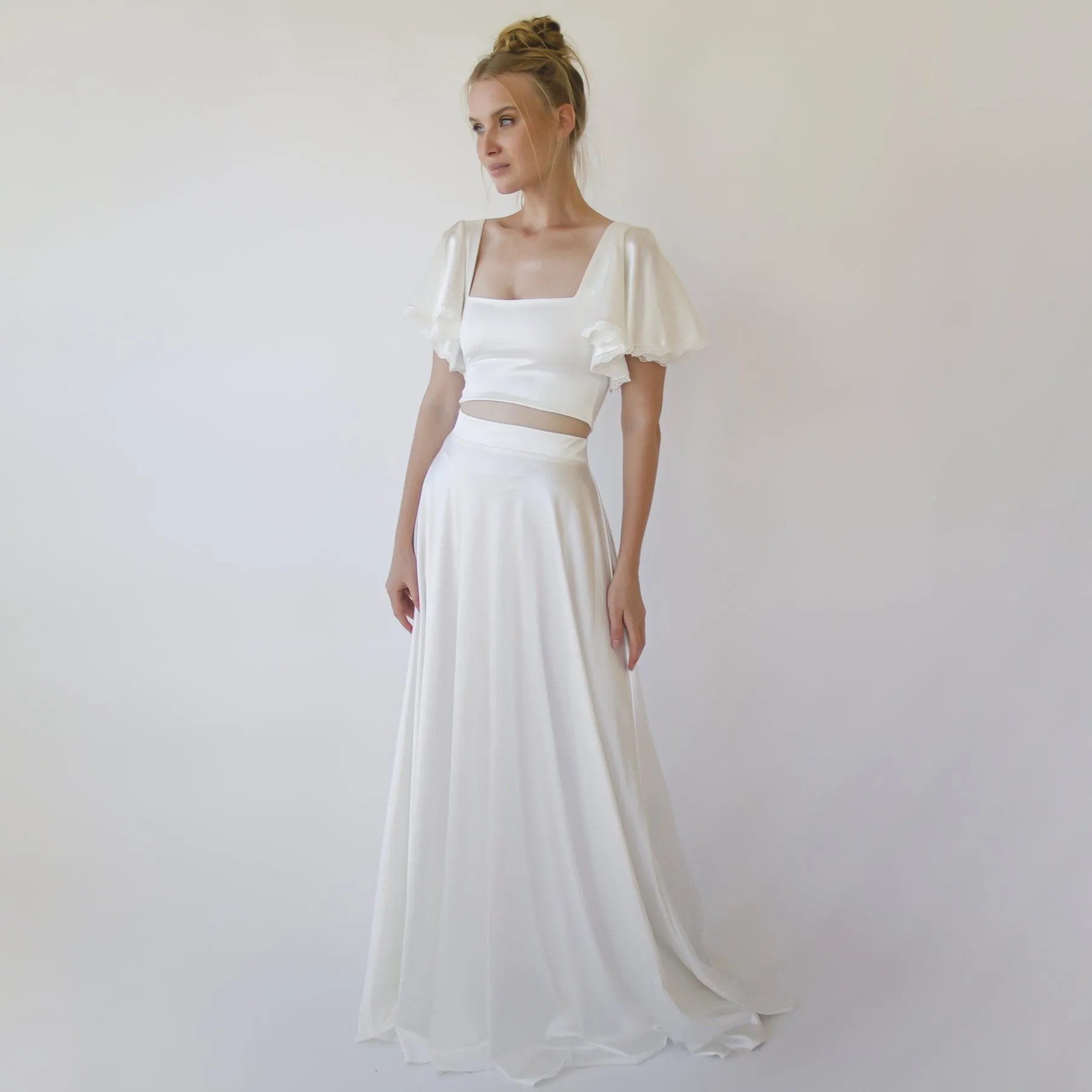 Silky Wedding Cropped Top with Butterfly Short Sleeves #2060