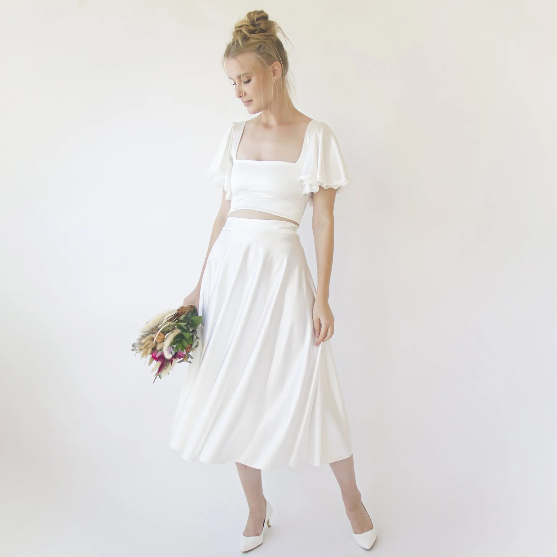 Silky Wedding Cropped Top with Butterfly Short Sleeves #2060