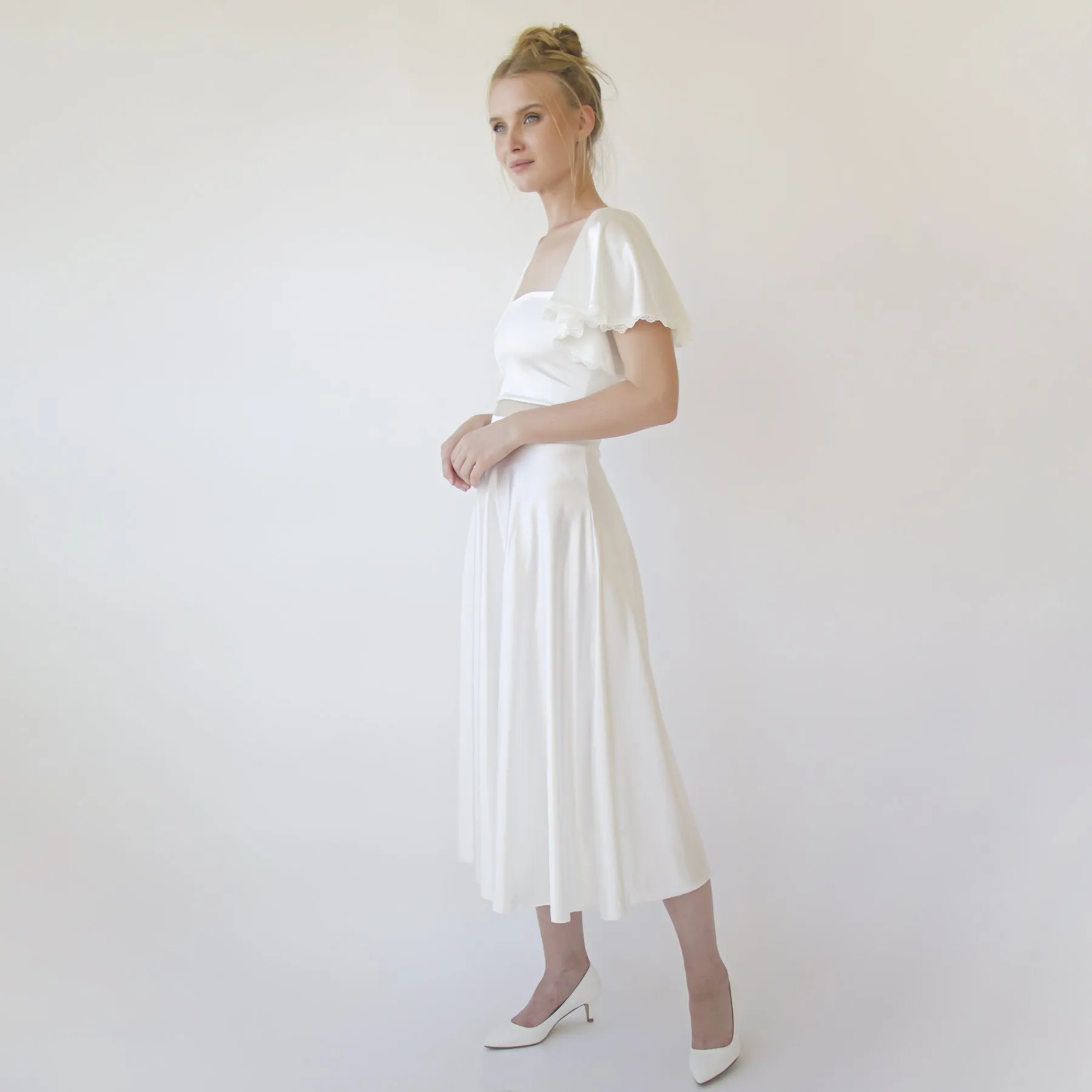 Silky Wedding Cropped Top with Butterfly Short Sleeves #2060