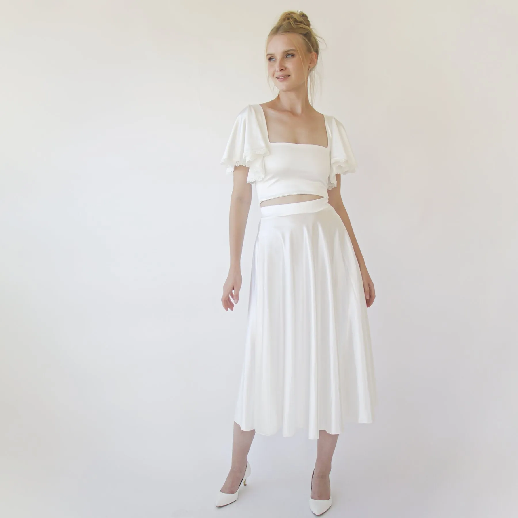 Silky Wedding Cropped Top with Butterfly Short Sleeves #2060