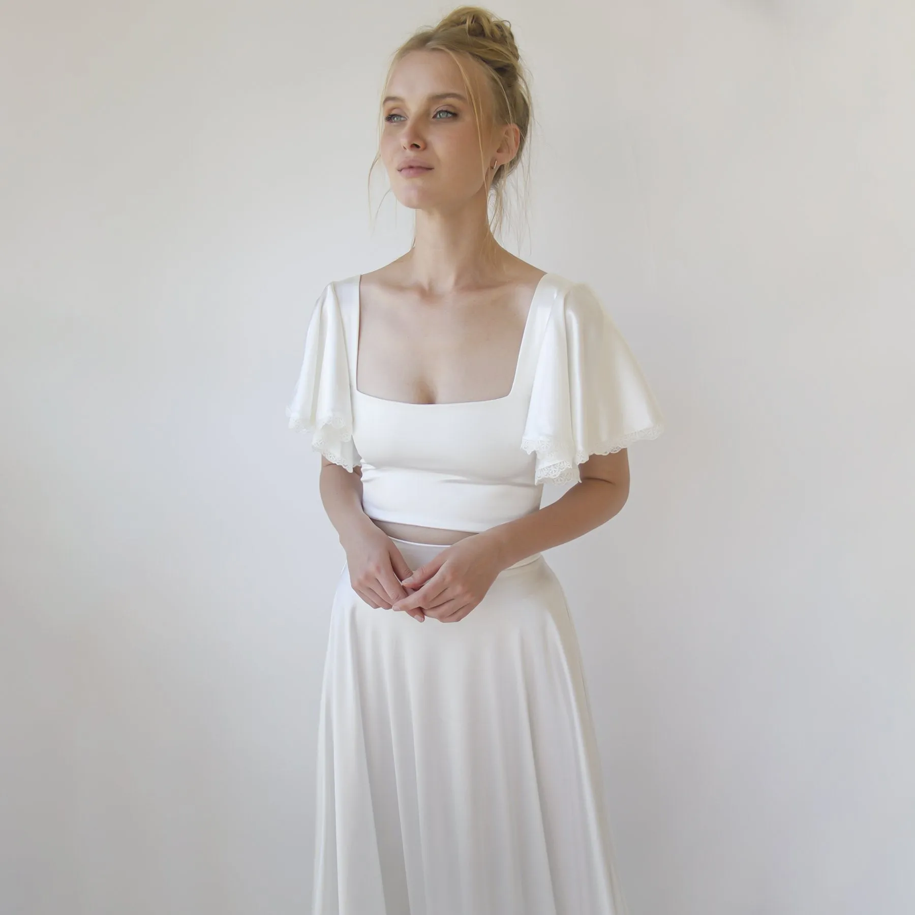 Silky Wedding Cropped Top with Butterfly Short Sleeves #2060