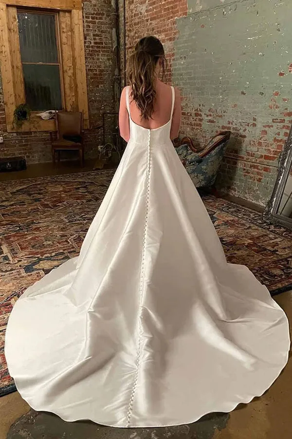 Simple Ivory Satin Spaghetti Straps Court Train Wedding Dress With Pockets, SW599
