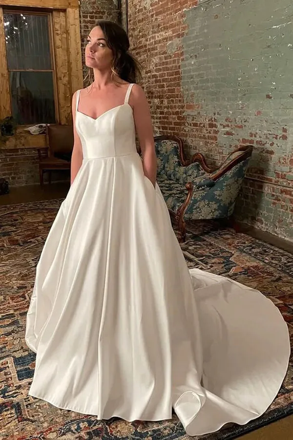 Simple Ivory Satin Spaghetti Straps Court Train Wedding Dress With Pockets, SW599