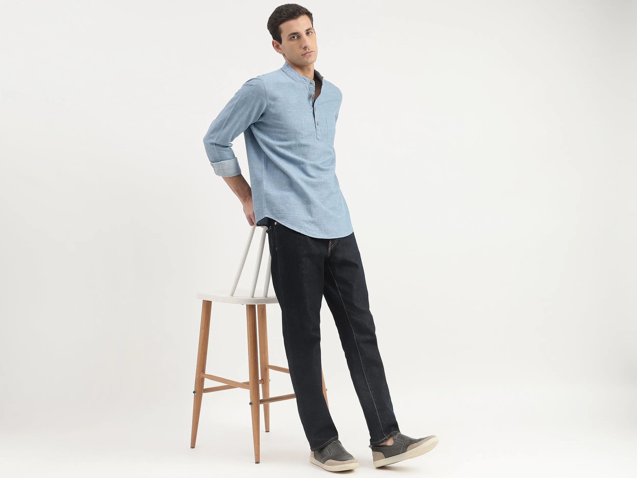 Slim Fit Mandarin Collar Patterned Shirt