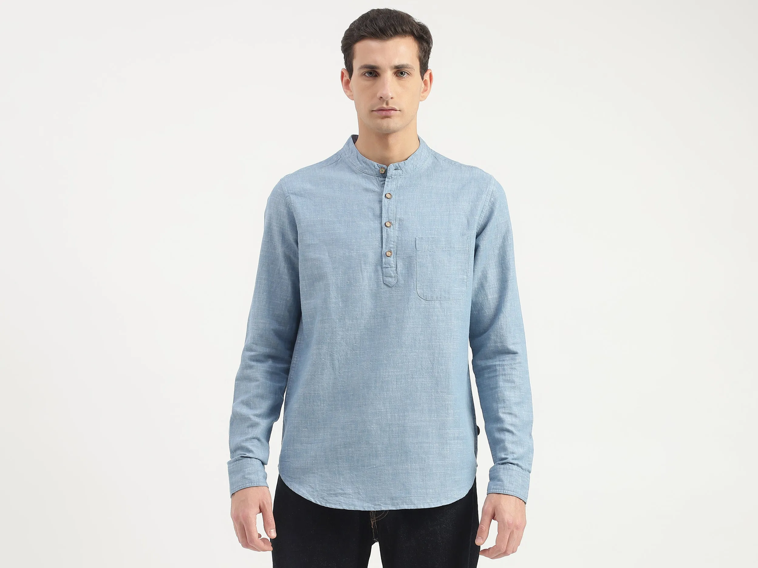 Slim Fit Mandarin Collar Patterned Shirt