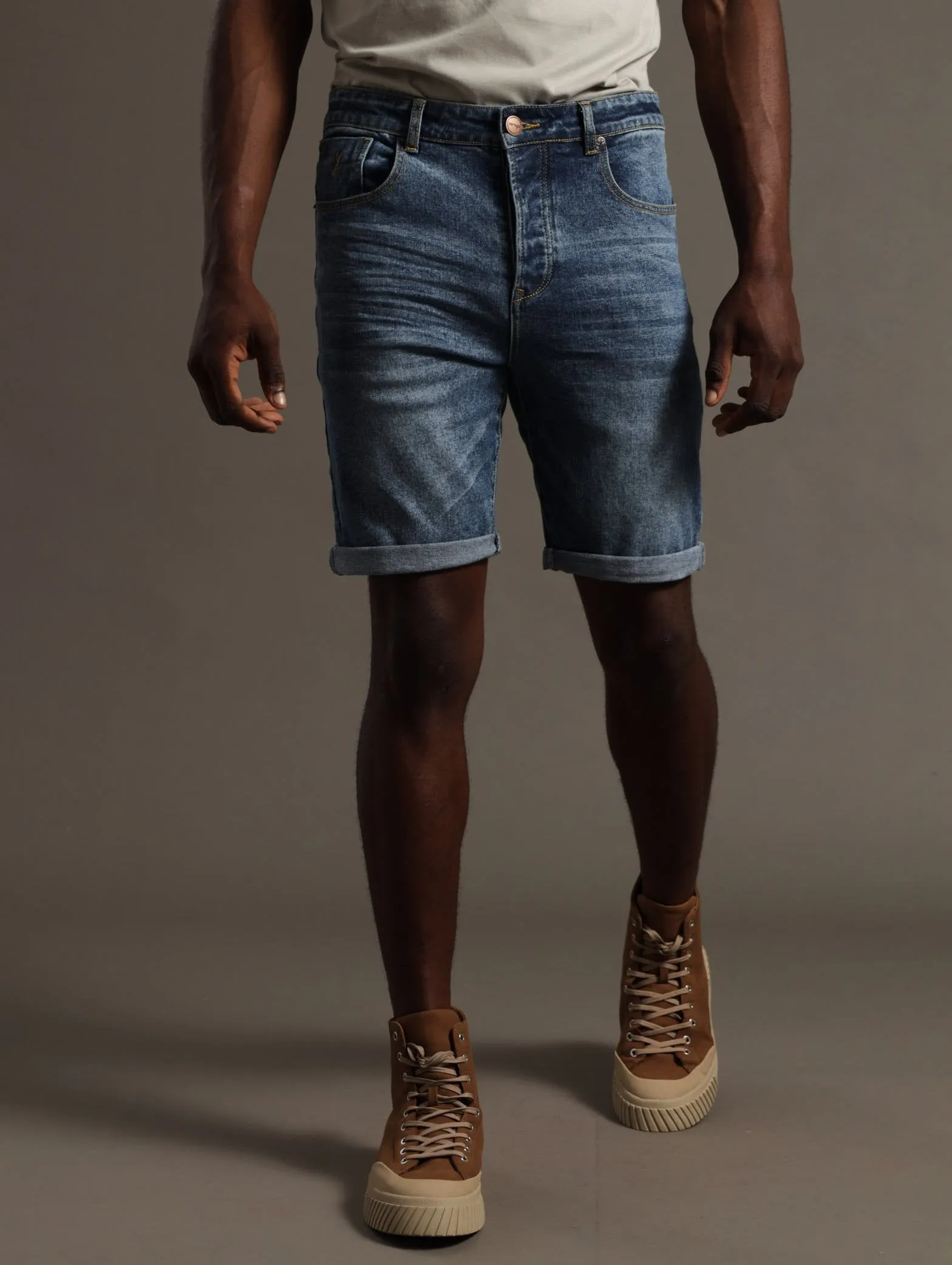 Slim Leg Denim Shorts - Mid Blue