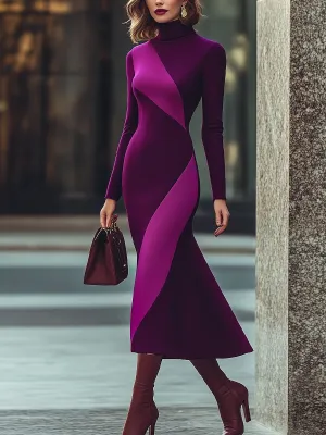 Sophisticated Mulberry and Violet Slim-Fit Turtleneck Dress