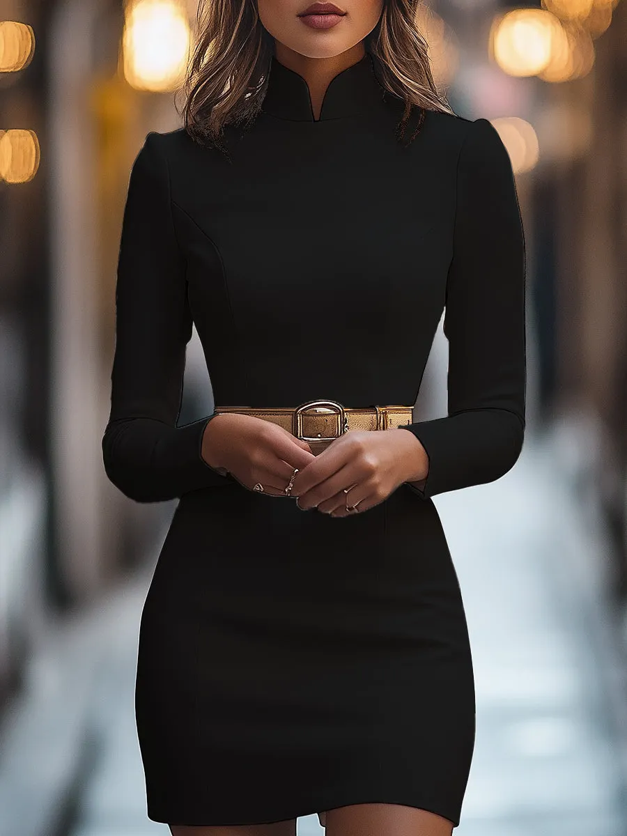 Sophisticated White Mandarin Collar Dress with Tailored Belt Design