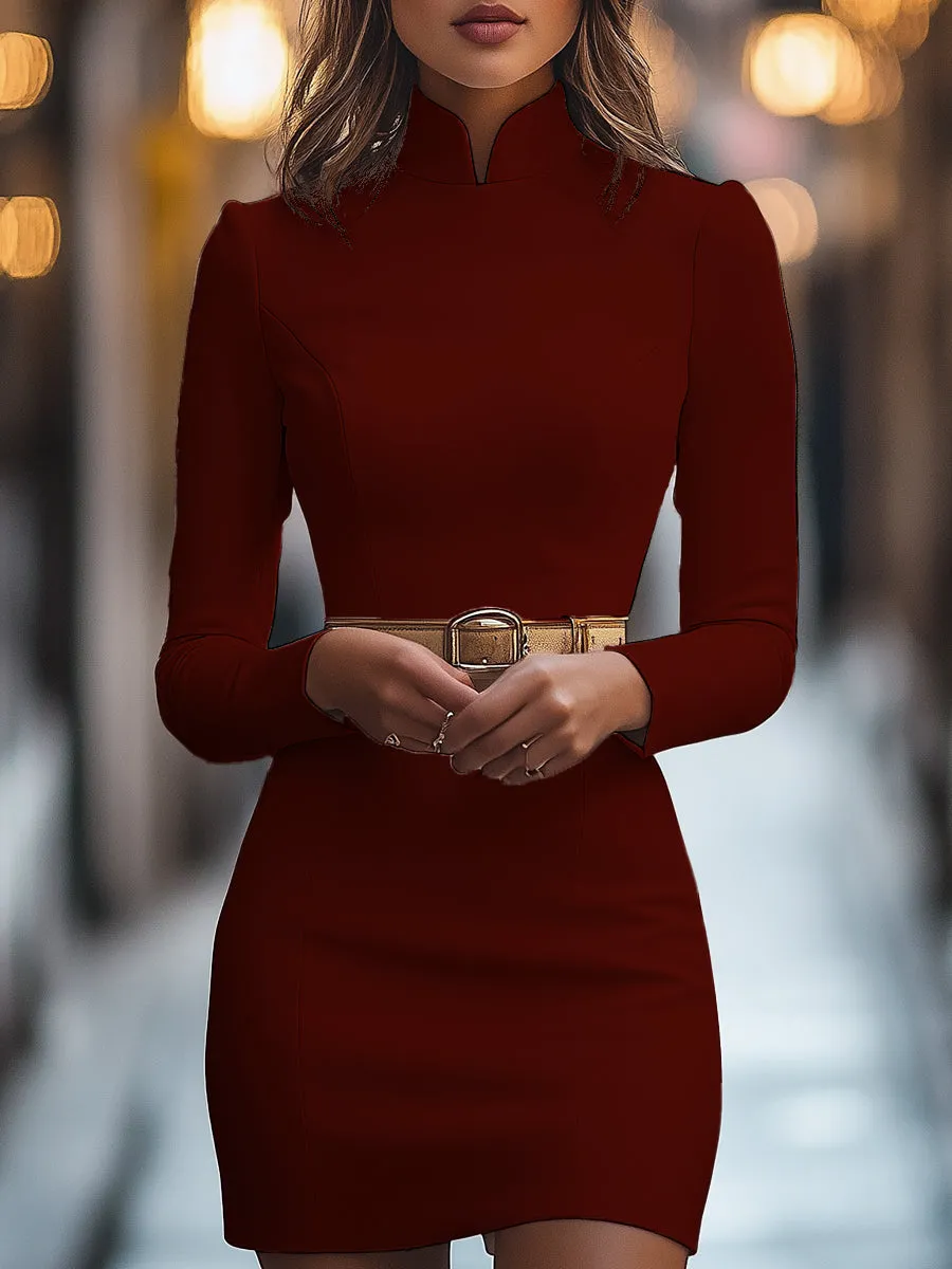 Sophisticated White Mandarin Collar Dress with Tailored Belt Design