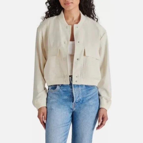 Steve Madden Bone Crop Bomber Oversized Front Flap Pockets Relaxed Fit NWT