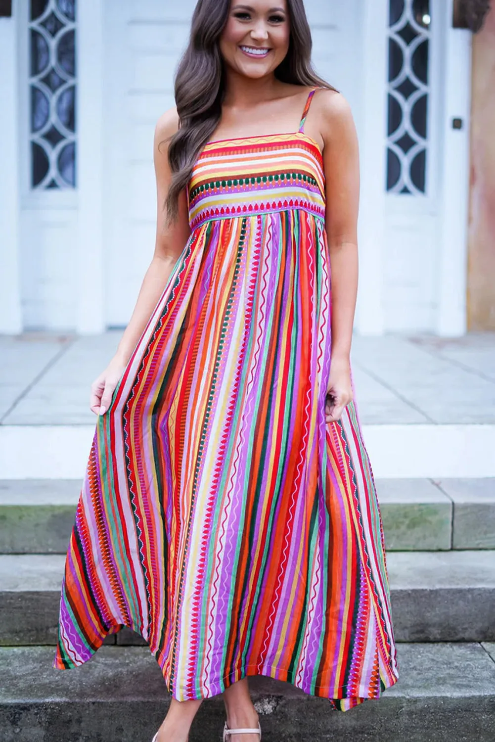 Striped Smocked Boho Maxi Dress with Thin Straps