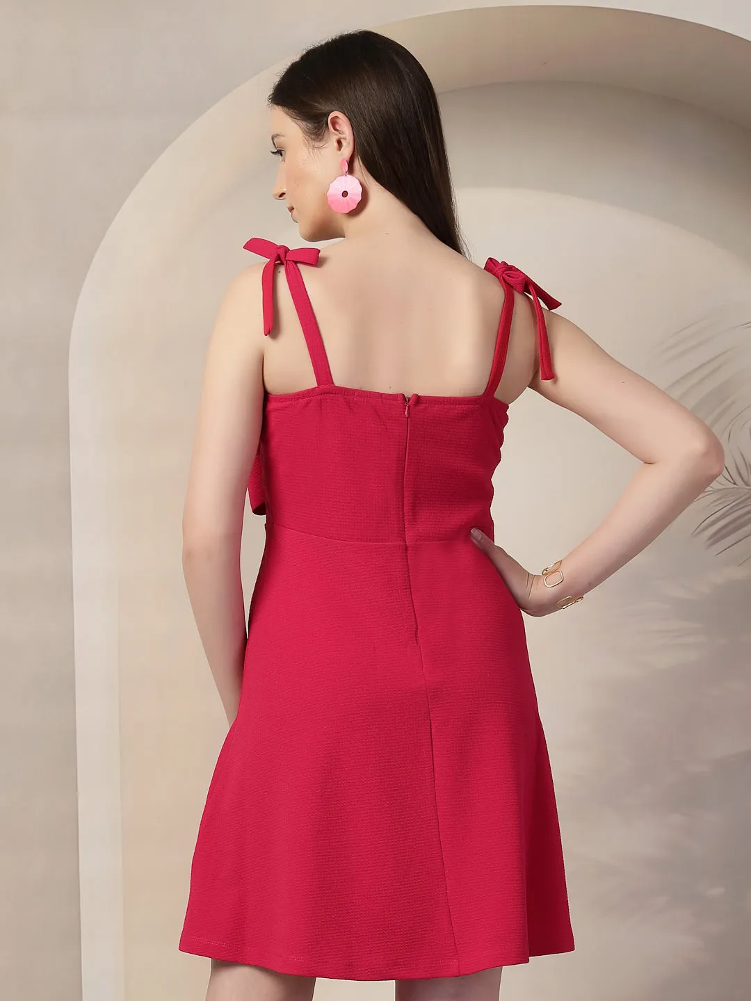 Style Quotient Women Solid Fuschia Pink Polyknit Fit and Flare Mini Party Dress