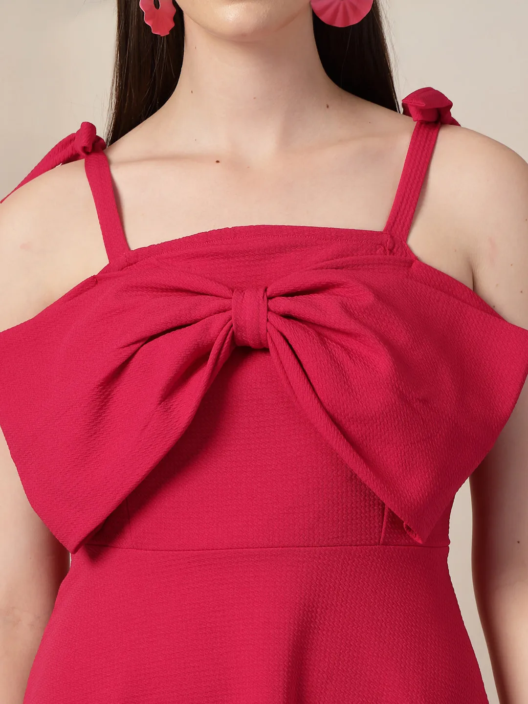 Style Quotient Women Solid Fuschia Pink Polyknit Fit and Flare Mini Party Dress