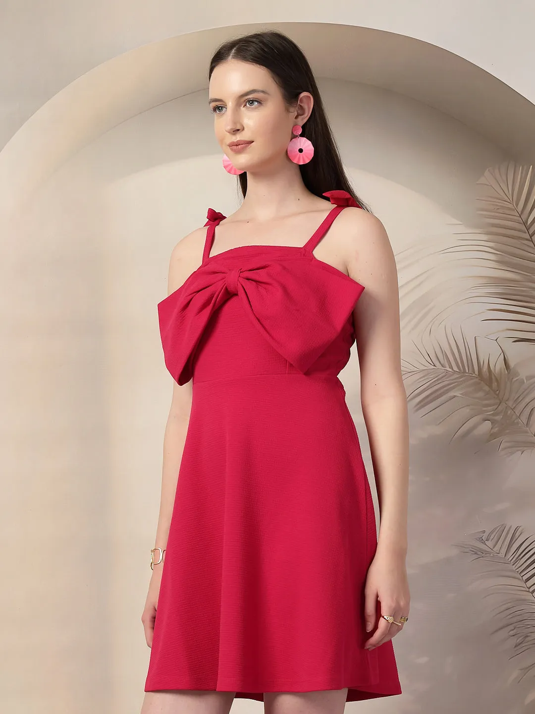 Style Quotient Women Solid Fuschia Pink Polyknit Fit and Flare Mini Party Dress
