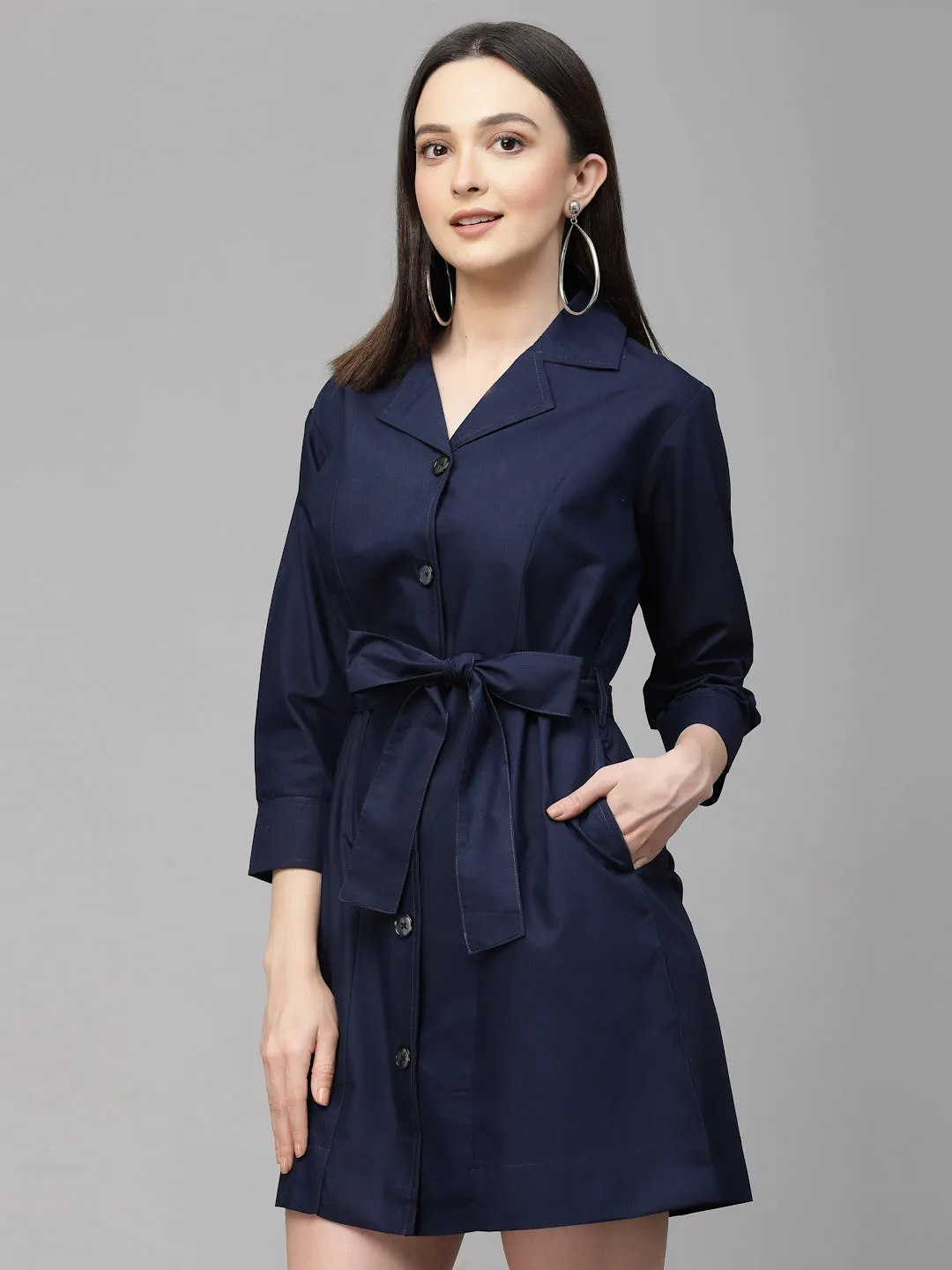 Style Quotient Women Solid Navy Cotton Regular Smart Casual Shirt Dress