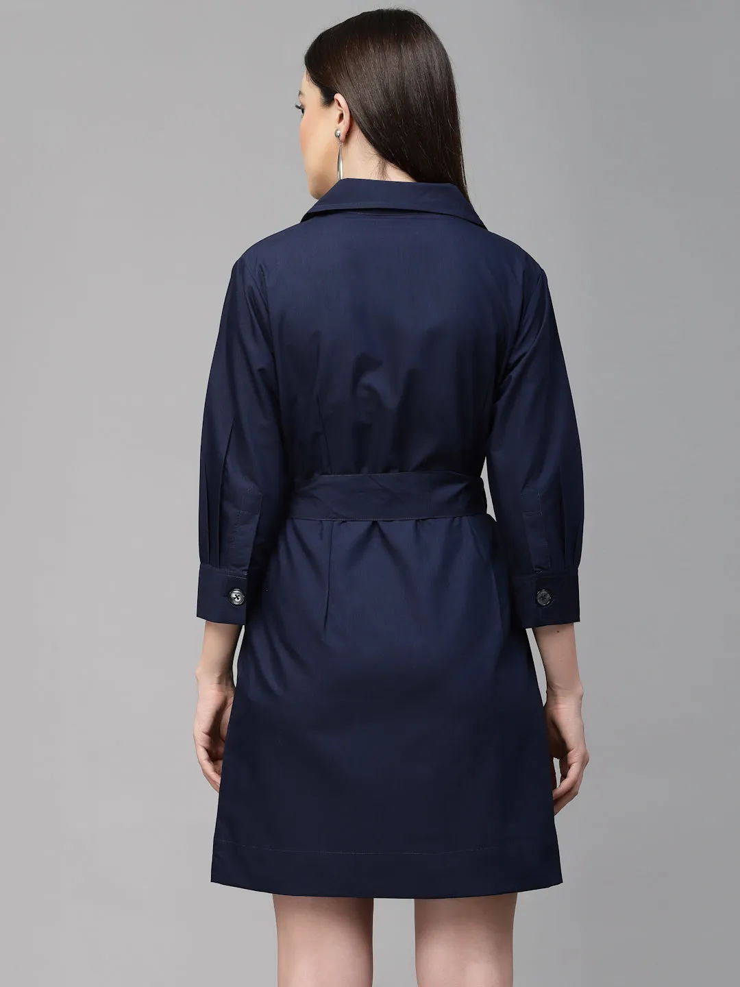 Style Quotient Women Solid Navy Cotton Regular Smart Casual Shirt Dress