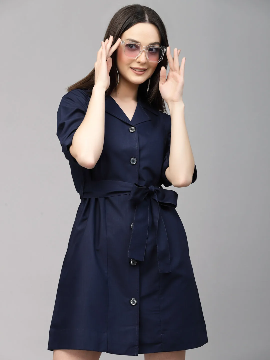 Style Quotient Women Solid Navy Cotton Regular Smart Casual Shirt Dress