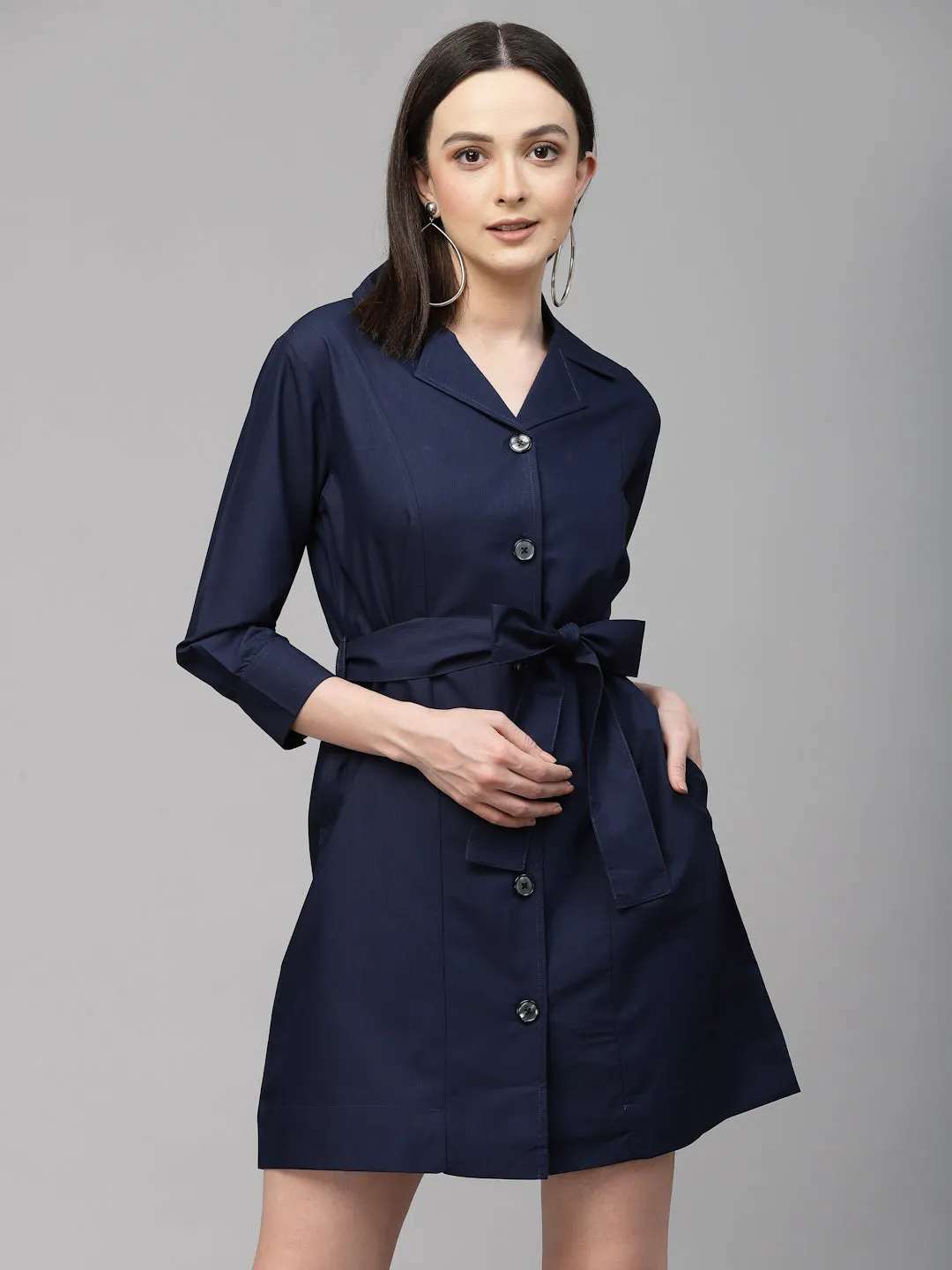 Style Quotient Women Solid Navy Cotton Regular Smart Casual Shirt Dress
