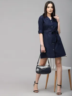 Style Quotient Women Solid Navy Cotton Regular Smart Casual Shirt Dress