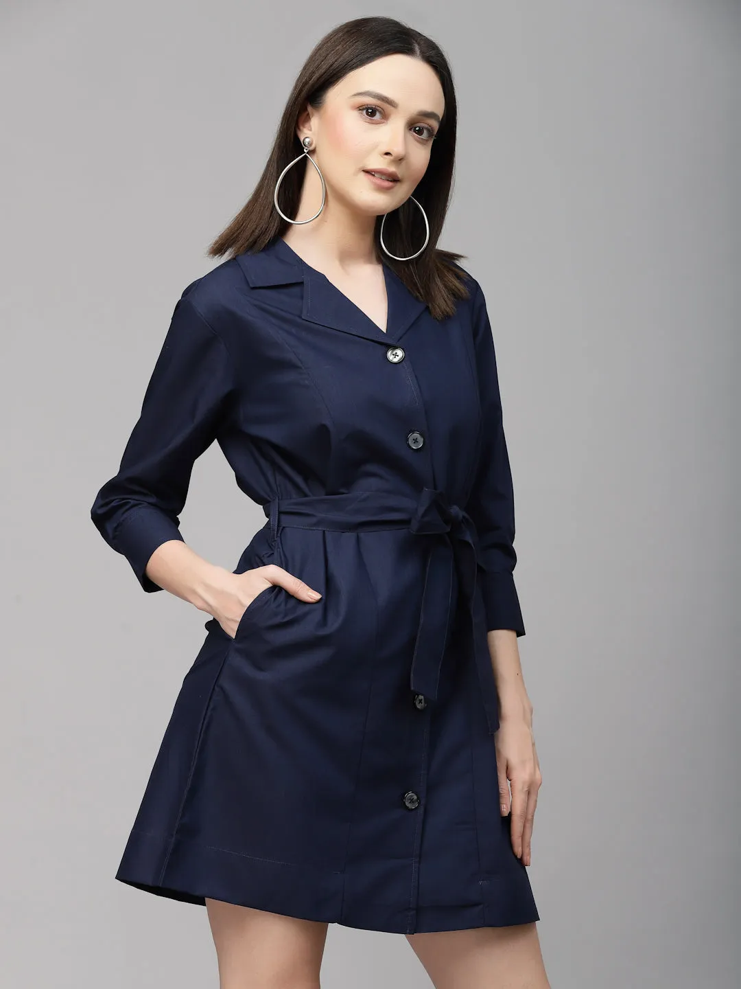 Style Quotient Women Solid Navy Cotton Regular Smart Casual Shirt Dress