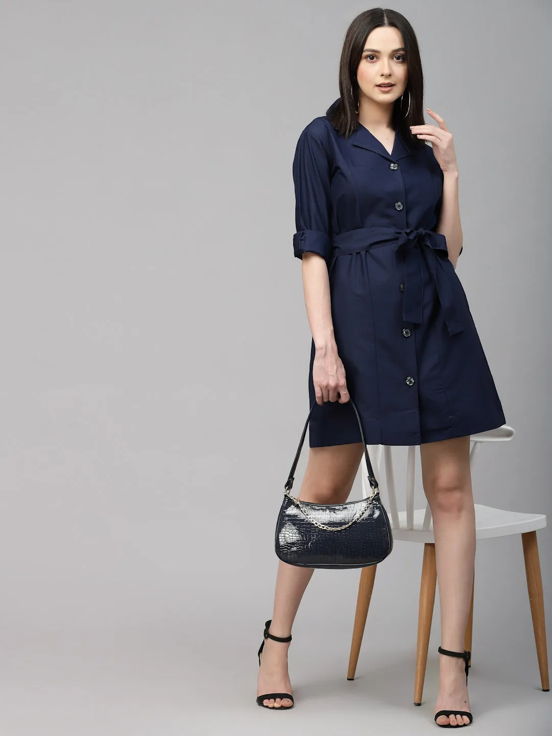 Style Quotient Women Solid Navy Cotton Regular Smart Casual Shirt Dress