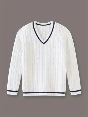 Stylish Boy's Cable Knit V-Neck Sweater - Soft, Breathable, Long Sleeve Pullover for Spring, Fall, and Winter - Preppy Casual Top for Kids