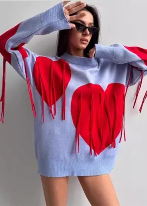Stylish Red and Blue Heart Pullover - Fun and Flirty