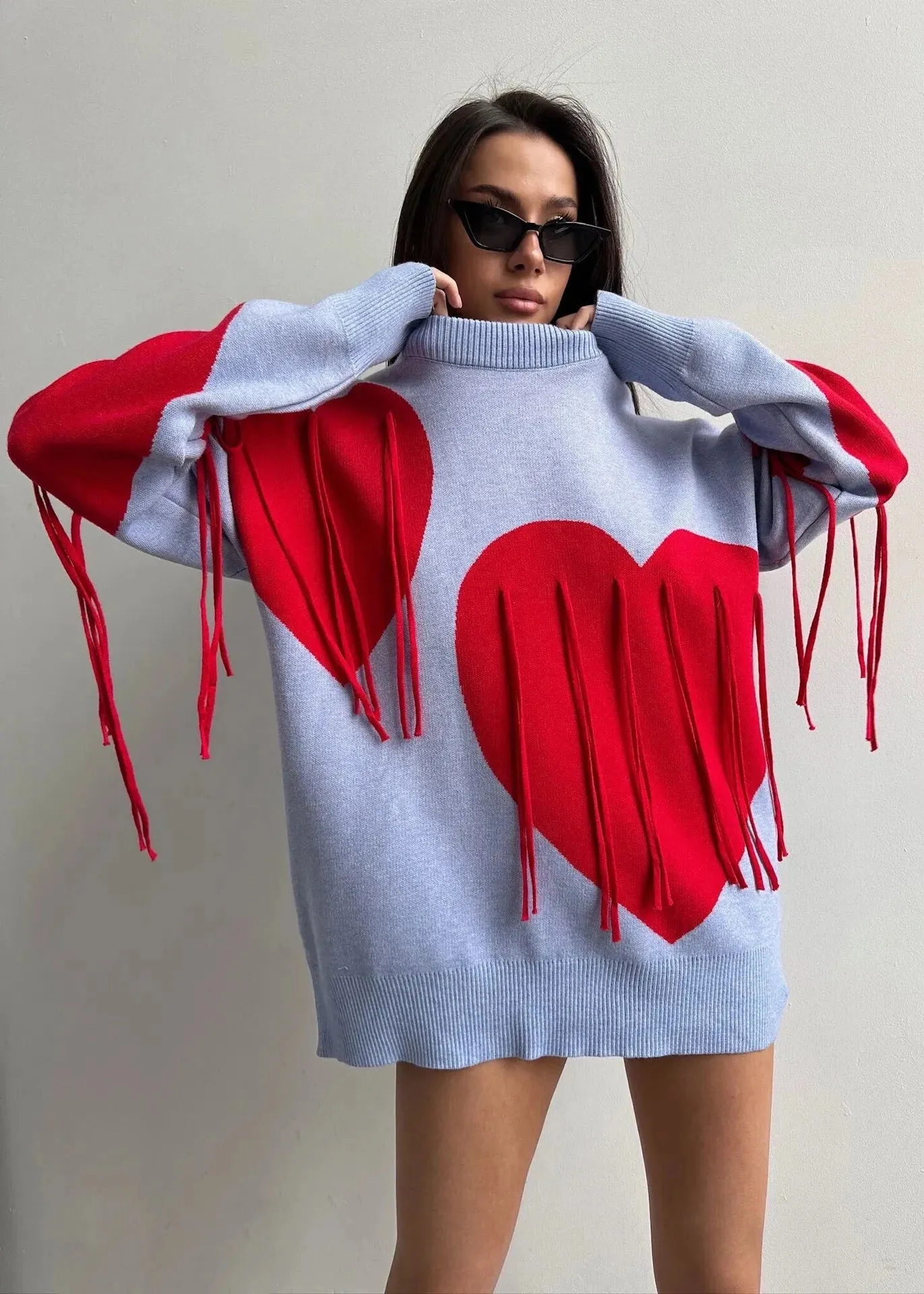 Stylish Red and Blue Heart Pullover - Fun and Flirty