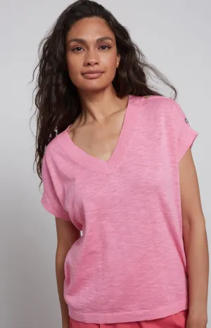 Sweater with short sleeves, V-neck and button detail