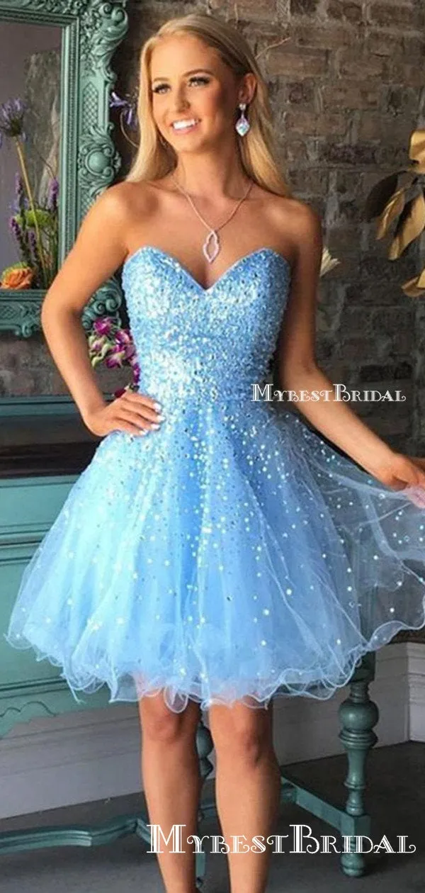 Sweetheart Charming Light Blue Organza Beaded A-line Short Cheap Homecoming Dresses, HDS0006