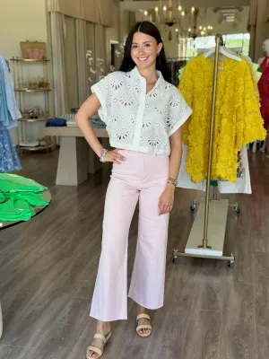 SYS1294 White Eyelet Boxy Crop Button Down