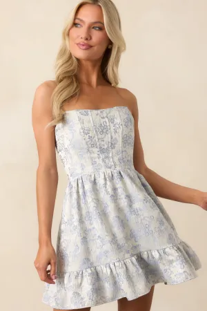 Taking The Lead Light Blue Floral Jacquard Strapless Mini Dress
