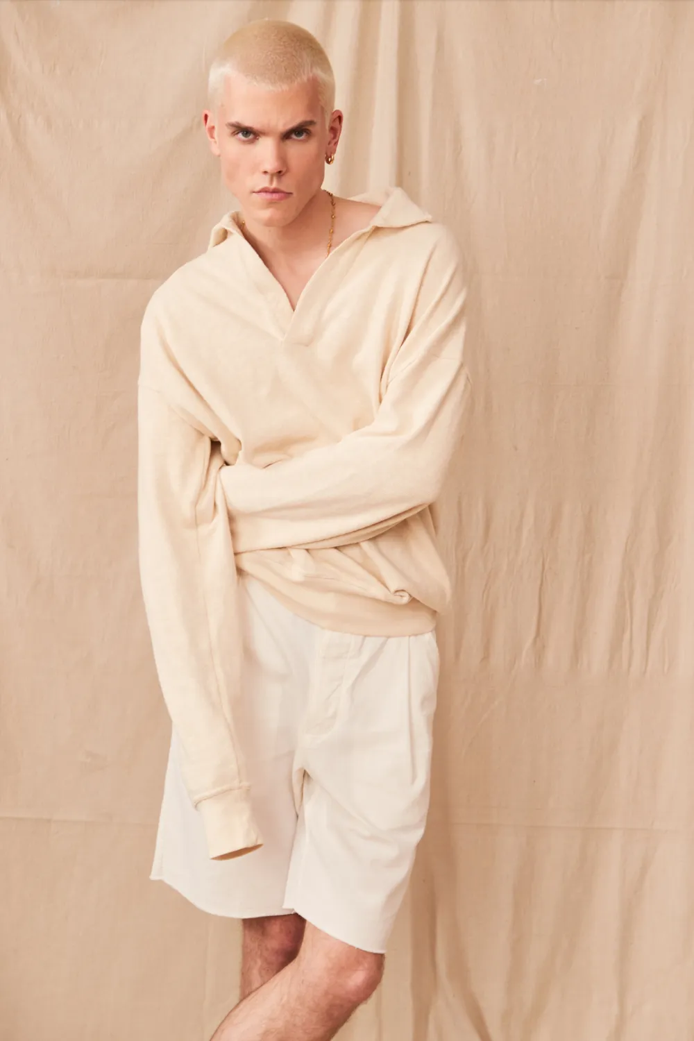 Tapered Oversized LS Polo Off White