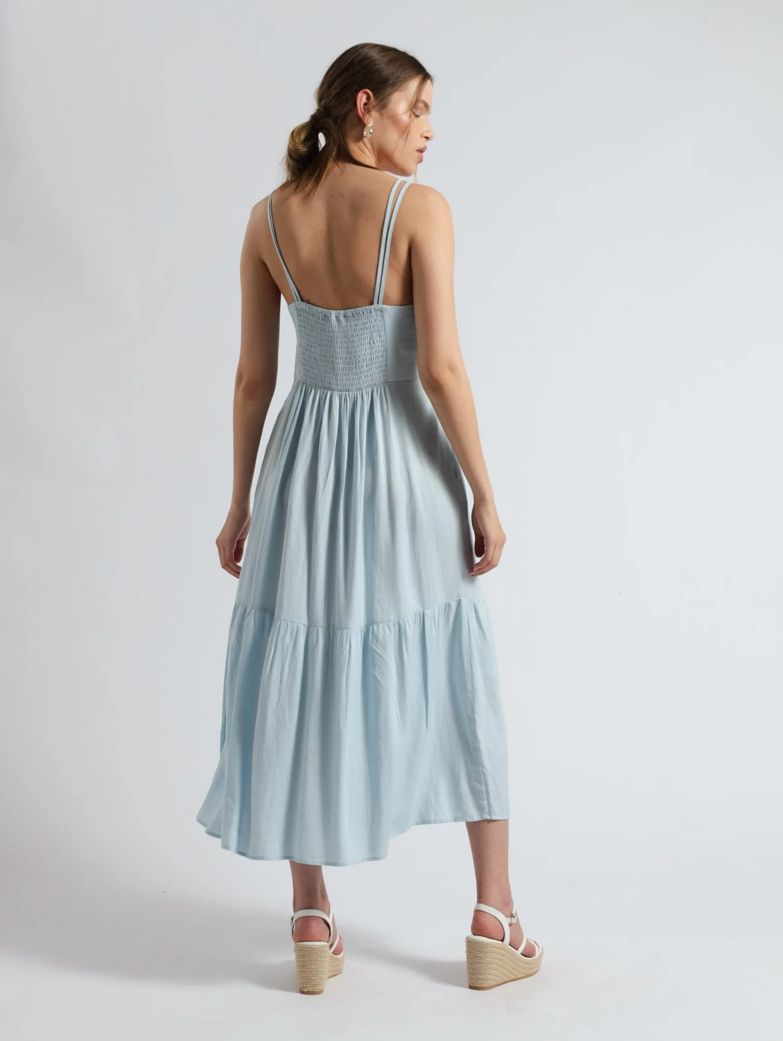 Tiered Maxi Cut Out Pockets Dress - Light Blue