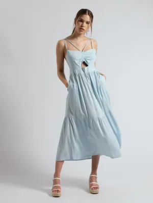 Tiered Maxi Cut Out Pockets Dress - Light Blue