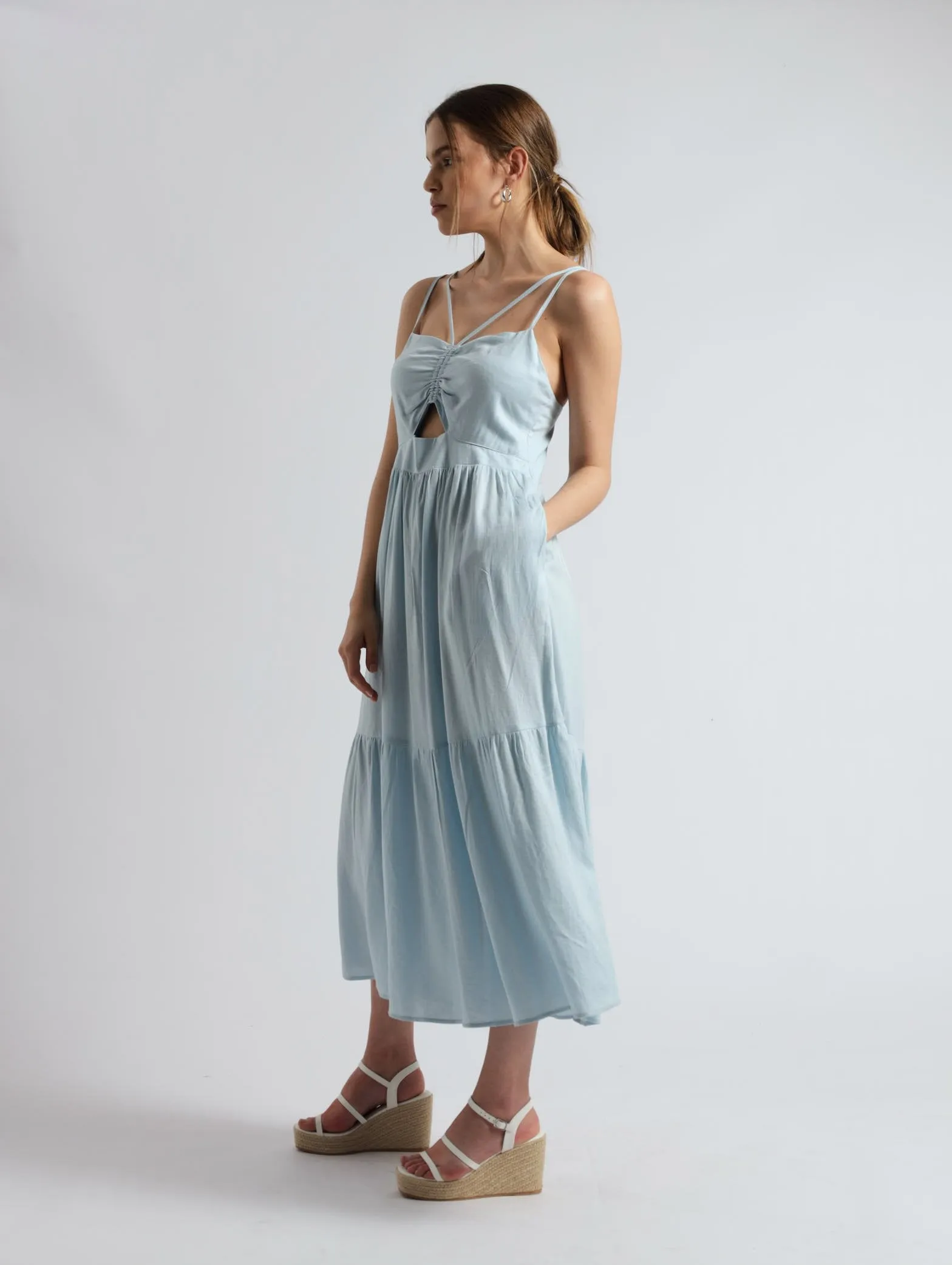 Tiered Maxi Cut Out Pockets Dress - Light Blue