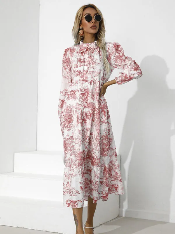 Toile Print High-Low Hem Dress with Tiered Design